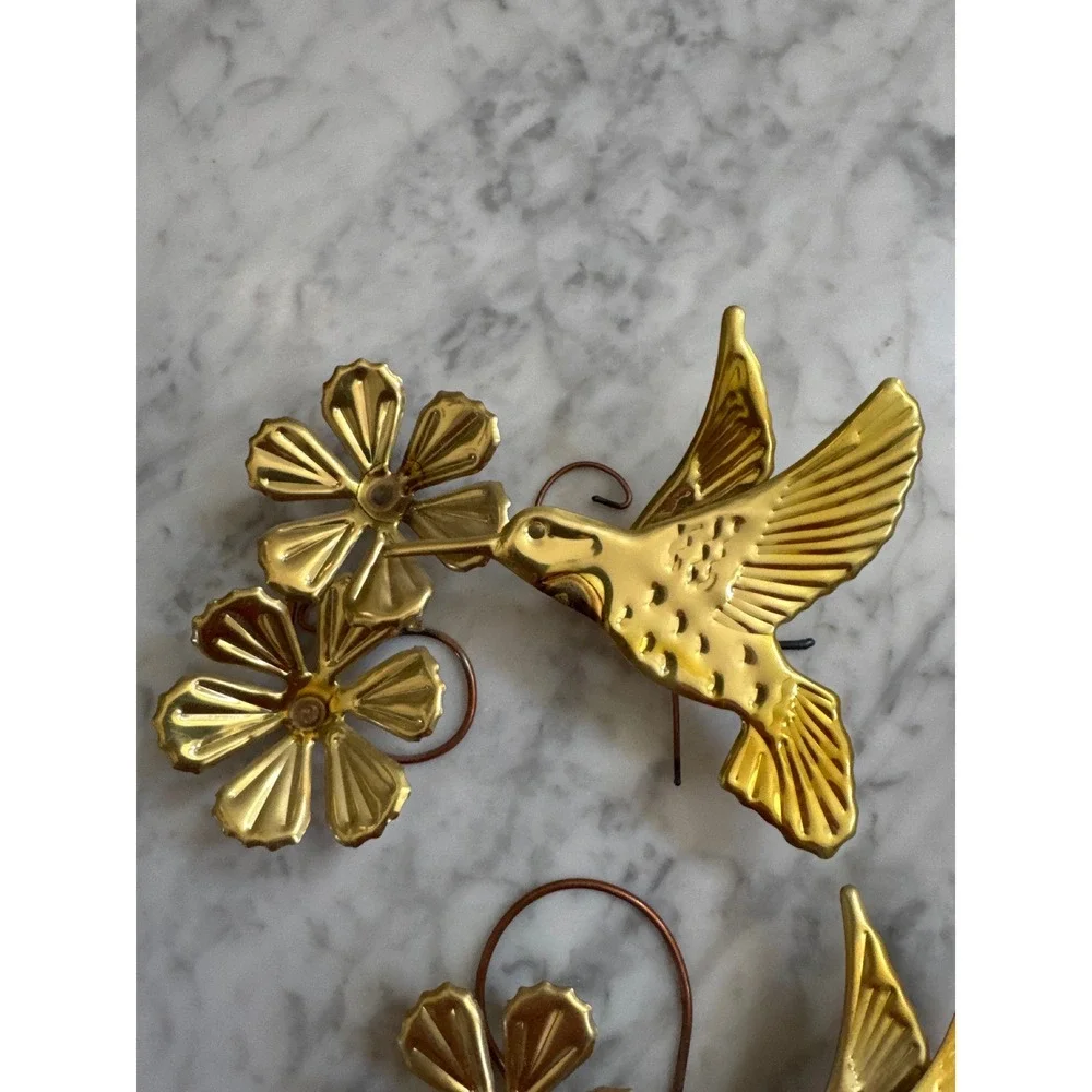 Vintage Brass Hummingbird Flower Wall Art Set Mid Century Gold Metal Decor 2pc